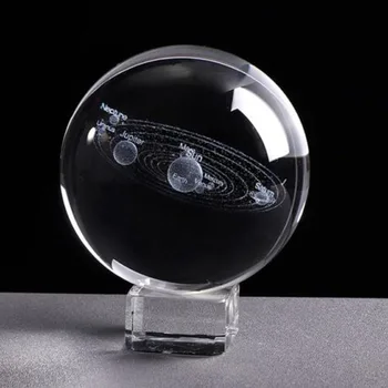 6cm Gravado Sistema Solar Bola de Cristal de Artesanato 3D Clara ambiente de Trabalho de Casa Foto Adereços de Decoração de Esfera Com Base Presente Planetas Modelo