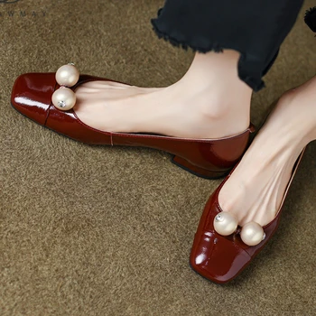Feminino Pérolas Sapatos De Casamento Primavera, Outono Elegante Cor Sólida De Cabeça Quadrada De Flats Superficial Boca Sapatos Zapatos Para Mulher